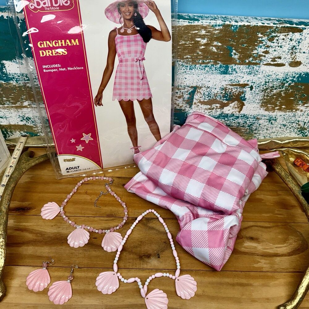 Barbie Movie Women's Gingham Dress Halloween Costume Hat Dress Jewelry XL 14-16
